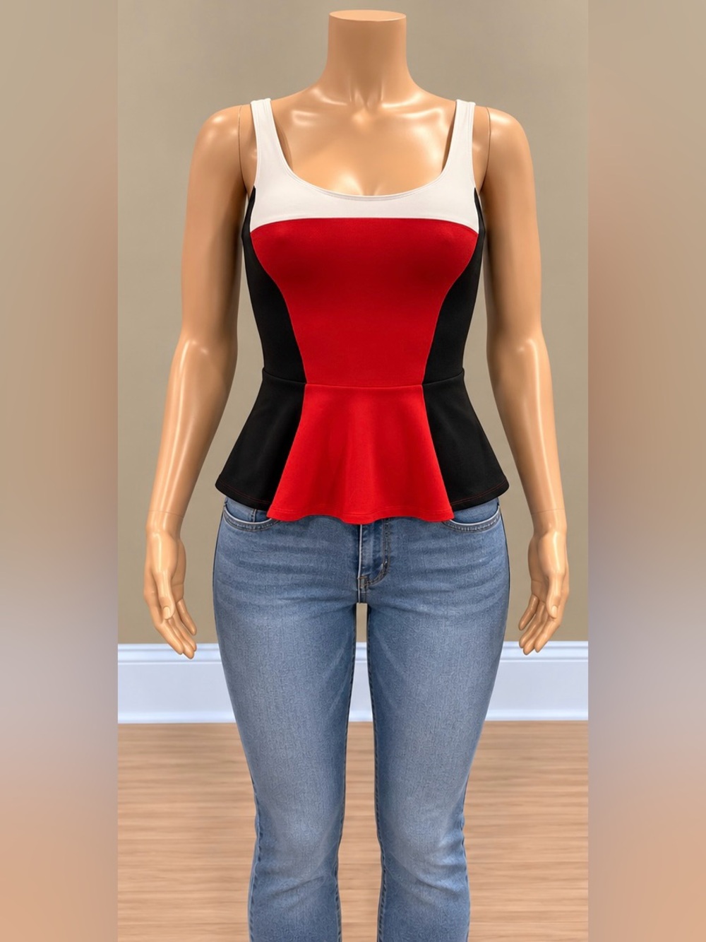 Express Black White Red Colorblock Peplum Tank Top Back Zip XS